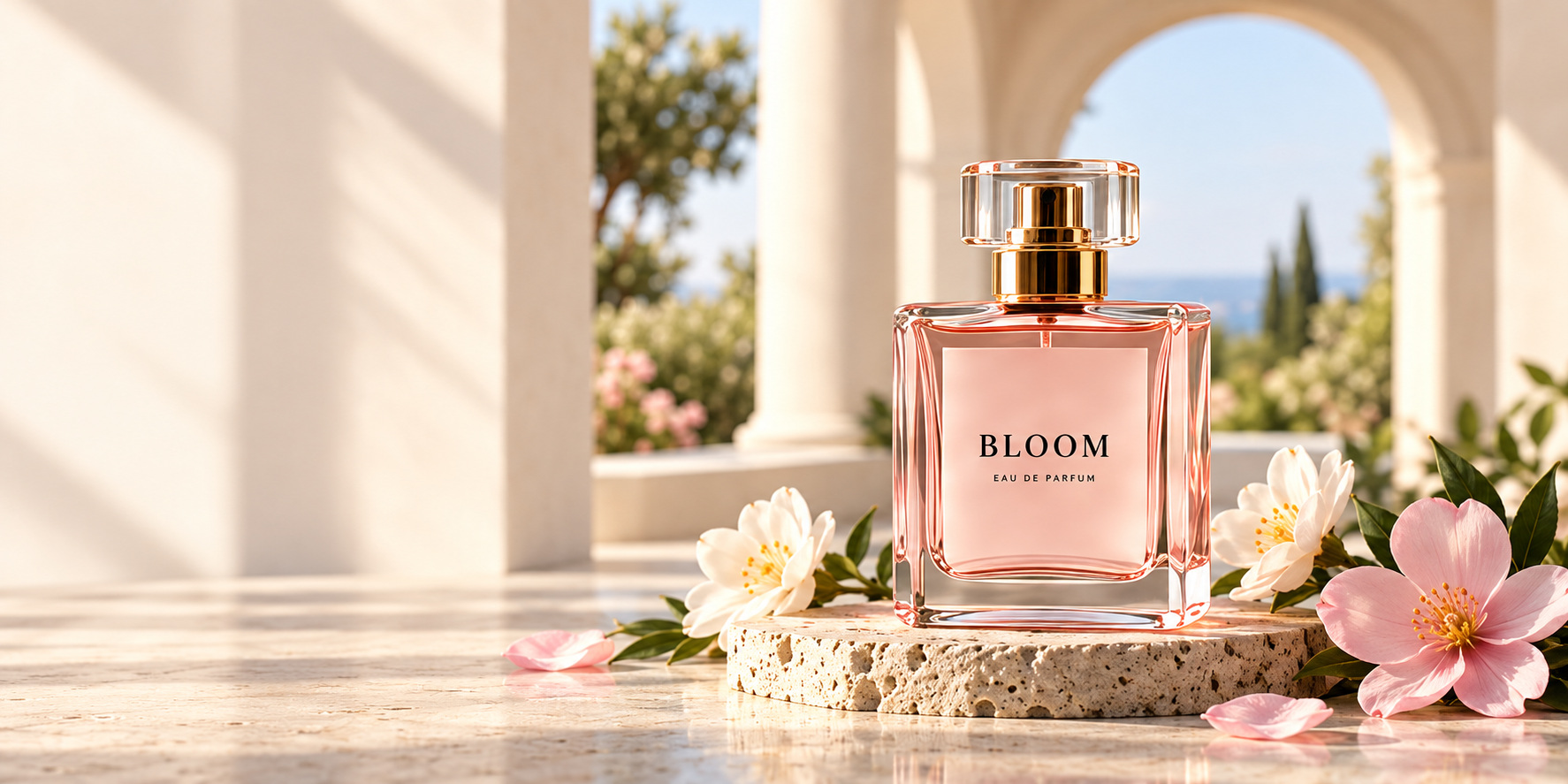 Bloom perfume with pink flowers in a sunlit stone archway